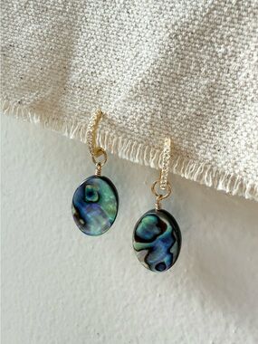Handmade Abalone Shell & Crystal Pave Huggie Hoop Earrings Pearl Gold Vermeil